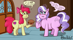 Size: 1435x800 | Tagged: safe, artist:professordoctorc, imported from derpibooru, apple bloom, diamond tiara, earth pony, pony, blushing, burger, chubby, chubby diamond, commission, dialogue, duo, duo female, fat, fat fetish, feedee, feeder, female, fetish, filly, foal, food, hay burger, weight gain