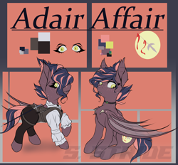 Size: 4922x4562 | Tagged: safe, artist:shade stride, imported from derpibooru, oc, oc:adair affair, bat pony, pony, bat pony oc, bat wings, clothes, reference sheet, sitting, solo, standing, sword, watermark, weapon, wings