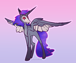 Size: 814x666 | Tagged: safe, artist:clankerss, imported from derpibooru, alicorn, demon, demon pony, pony, ethereal mane, galaxy mane, helluva boss, horn, no pupils, ponified, red eyes, solo, spread wings, stolas, wings