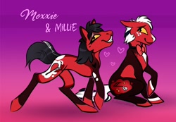 Size: 1190x824 | Tagged: safe, artist:clankerss, imported from derpibooru, demon, demon pony, earth pony, imp, pony, bowtie, canon ship, female, floppy ears, gradient background, heart, helluva boss, husband and wife, m&m, male, mare, married couple, millie knolastname, moxxie knolastname, non-mlp shipping, palindrome get, ponified, pose, red eyes, shipping, smiling, stallion, straight, yellow sclera