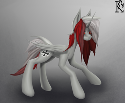 Size: 4000x3300 | Tagged: safe, artist:kirov, imported from derpibooru, oc, oc only, oc:morgensonne, alicorn, pony, angry, female, germany, gray background, gray coat, horn, iron cross, mare, multicolored hair, red eyes, simple background, solo, wings