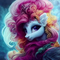 Size: 2048x2048 | Tagged: safe, imported from derpibooru, prompter:zealousmagician, oc, oc only, pony, ai content, ai generated, blue background, blue coat, blurry background, curly mane, ear fluff, female, fluffy, generator:purplesmart.ai, generator:stable diffusion, i really like her mane, looking at you, mare, multicolored mane, purple eyes, simple background, solo, the quality of ai art is frightening