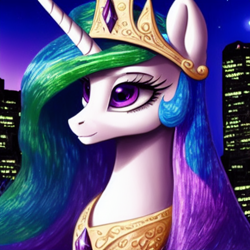 Size: 1024x1024 | Tagged: safe, editor:dovakkins, imported from derpibooru, princess celestia, alicorn, pony, ai content, ai generated, beautiful, bust, city, cityscape, cute, female, generator:purplesmart.ai, generator:stable diffusion, jewelry, portrait, regalia, smiling, solo