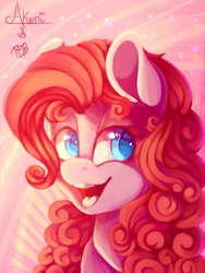 Size: 1268x1690 | Tagged: safe, artist:prettyshinegp, artist:princesscrystal36, imported from derpibooru, pinkie pie, earth pony, pony, :d, abstract background, bust, collaboration, curly mane, female, looking sideways, mare, open mouth, open smile, portrait, smiling, solo