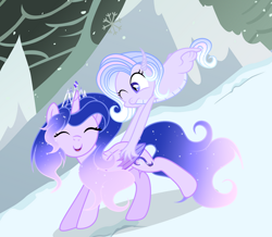 Size: 2242x1958 | Tagged: safe, artist:existencecosmos188, imported from derpibooru, oc, oc only, oc:existence, alicorn, dragon, alicorn oc, dragoness, duo, ethereal mane, eyelashes, female, horn, mare, mountain, one eye closed, starry mane, wings, wink