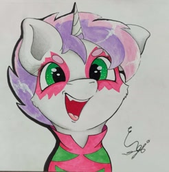 Size: 1661x1687 | Tagged: safe, artist:engi, imported from derpibooru, sweetie belle, pony, unicorn, the show stoppers, clothes, cute, eyebrows, female, filly, foal, happy, makeup, open mouth, show stopper outfits, simple background, solo, traditional art