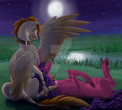 Size: 1280x1151 | Tagged: safe, artist:clouris, imported from derpibooru, oc, oc only, pegasus, pony, unicorn, collar, colored hooves, deviantart watermark, full moon, horn, lying down, moon, night, obtrusive watermark, on back, one wing out, outdoors, pegasus oc, unicorn oc, watermark, wings