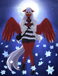 Size: 985x1280 | Tagged: safe, artist:clouris, imported from derpibooru, oc, oc only, anthro, pegasus, bag, choker, clothes, female, full moon, hands together, moon, pegasus oc, shoes, skirt, solo, spread wings, stars, wings