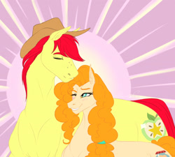 Size: 1280x1151 | Tagged: safe, artist:clouris, imported from derpibooru, bright mac, pear butter, earth pony, pony, abstract background, duo, female, hat, male, mare, one eye closed, stallion, wink