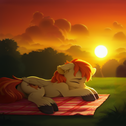 Size: 512x512 | Tagged: safe, editor:paracompact, imported from derpibooru, oc, oc only, pegasus, pony, ai assisted, ai content, ai generated, butt, cute, ear fluff, generator:purplesmart.ai, generator:stable diffusion, picnic blanket, plot, random pony, sleeping, sunset, the quality of ai art is frightening, unshorn fetlocks