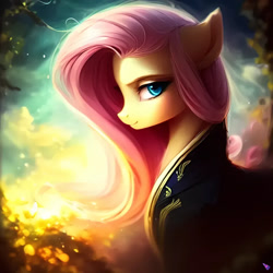 Size: 1024x1024 | Tagged: safe, imported from derpibooru, fluttershy, pony, ai content, ai generated, clothes, cute, female, generator:purplesmart.ai, generator:stable diffusion, mare, profile, prompter:nightluna, shyabetes, smiling, solo, watermark