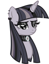 Size: 2494x3237 | Tagged: safe, artist:severity-gray, color edit, edit, editor:wardex101, imported from derpibooru, twilight sparkle, alicorn, pony, alternate hairstyle, black eyeshadow, bust, choker, colored, discorded, discorded twilight, ear piercing, earring, eyeshadow, female, goth, gothic, horn, horn ring, jewelry, makeup, piercing, portrait, ring, sad, simple background, solo, transparent background, twilight sparkle (alicorn), twilight tragedy