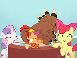 Size: 1440x1080 | Tagged: safe, artist:ponykittenboi, imported from derpibooru, apple bloom, scootaloo, sweetie belle, earth pony, pegasus, pony, unicorn, ^^, adorabloom, butt, clothes, costume, cute, cutealoo, diasweetes, eyes closed, holiday, laughing, platter, plot, scootachicken, scootaloo is not amused, scootaturkey, show accurate, thanksgiving, the cmc's cutie marks, turkey costume, unamused