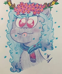 Size: 3024x3634 | Tagged: safe, artist:jesslmc16, imported from derpibooru, izzy moonbow, pony, unicorn, spoiler:g5, spoiler:winter wishday, antlers, bust, chest fluff, clothes, colored, colored pencil drawing, colored pupils, cute, drawing, female, floral head wreath, flower, g5, izzybetes, my little pony: make your mark, my little pony: make your mark chapter 3, portrait, reindeer antlers, scarf, snow, snowflake, solo, tongue out, traditional art, winter, winter outfit, winter wishday