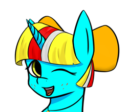 Size: 2067x1823 | Tagged: safe, artist:anonymous, oc, oc only, oc:terri softmare, pony, bust, cute, female, mare, one eye closed, portrait, smiling, solo, wink