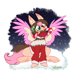 Size: 3800x3500 | Tagged: safe, artist:xekinise, imported from derpibooru, oc, oc only, pegasus, pony, candy, candy cane, christmas, clothes, commission, food, heterochromia, high res, holiday, simple background, sitting, solo, sweater, transparent background, ych result