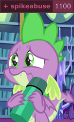 Size: 500x824 | Tagged: safe, editor:spikeabuser, screencap, rarity, spike, dragon, pony, unicorn, dragon dropped, 1100, abuse, female, image, male, milestone, offscreen character, offscreen female, png, sad, solo focus, spikeabuse, thermos