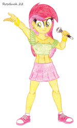 Size: 1150x1920 | Tagged: safe, artist:roseluck, imported from derpibooru, roseluck, human, equestria girls, abs, alternate hairstyle, bare shoulders, belly button, bracelet, breasts, cleavage, clothes, colored pencil drawing, ear piercing, earring, female, full body, holding, jewelry, long hair, looking at you, microphone, midriff, miniskirt, piercing, raised arm, shoes, simple background, skirt, smiling, smiling at you, sneakers, socks, solo, standing, strapless, three quarter view, traditional art, tube top, white background