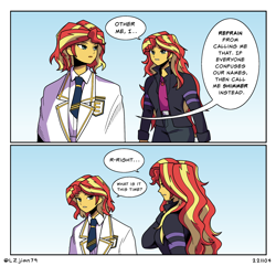 Size: 1988x1915 | Tagged: safe, artist:lzjian79, imported from derpibooru, sunset shimmer, human, comic:the setting of two suns, equestria girls, clothes, dialogue, duality, duo, everton, female, human sunset, self paradox, speech bubble, sunlit shimmer