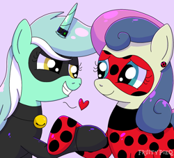 Size: 1000x907 | Tagged: safe, artist:fruiitypieq, artist:shycookieq, imported from derpibooru, bon bon, lyra heartstrings, sweetie drops, earth pony, pony, unicorn, bell, cat bell, chat noir, clothes, cosplay, costume, duo, ear piercing, earring, female, grin, heart, holding hooves, horn, horn ring, jewelry, ladybug (miraculous ladybug), lesbian, looking at each other, looking at someone, lyrabon, mask, miraculous ladybug, piercing, ring, shipping, simple background, smiling