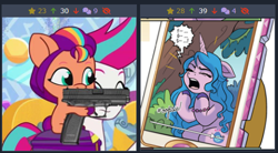 Size: 498x275 | Tagged: safe, edit, edited screencap, idw, imported from derpibooru, screencap, izzy moonbow, pipp petals, sunny starscout, zipp storm, earth pony, pegasus, pony, unicorn, derpibooru, spoiler:comic, spoiler:g5, spoiler:g5comic, spoiler:g5comic06, spoiler:my little pony: tell your tale, spoiler:tyts01e15, angry, bracelet, cellphone, cursive writing, dialogue, emanata, eyes closed, female, filly, filly sunny starscout, foal, friendship bracelet, g5, gun, handgun, hashtag, implied pipp petals, insensitivity, jewelry, juxtaposition, juxtaposition win, making a foal of me, mare, meme, meta, my little pony: tell your tale, offscreen character, open mouth, phone, pippbitch petals, pistol, smartphone, solo focus, speech bubble, weapon, yelling, younger