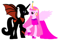 Size: 3764x2636 | Tagged: safe, artist:nathaniel718, imported from derpibooru, alicorn, pony, 1000 hours in ms paint, adventure time, business suit, cartoon network, clothes, couple, crown, dress, ear piercing, earring, female, husband and wife, jewelry, kissing, looking at you, male, mare, married couple, nergal, nergal and princess bubblegum, piercing, ponified, princess bubblegum, regalia, romantic, shipping, shoes, simple background, stallion, the grim adventures of billy and mandy, white background