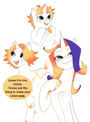 Size: 1739x2364 | Tagged: safe, artist:aztrial, imported from derpibooru, oc, oc only, oc:southern belle, pony, unicorn, age progression, blue eyes, braces, colored hooves, eyeshadow, female, filly, foal, gradient mane, grin, hairclip, hoof on chest, hoof polish, magical lesbian spawn, makeup, mare, offspring, older, open mouth, parent:applejack, parent:rarity, parents:rarijack, simple background, smiling, solo, speech bubble, text, white background