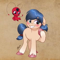 Size: 2048x2048 | Tagged: safe, artist:artharuhi, imported from derpibooru, earth pony, pony, duo, female, kwami, marinette dupain-cheng, miraculous ladybug, pigtails, ponified, teenager, tikki