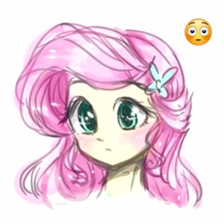 Size: 1378x1378 | Tagged: safe, artist:liaaqila, imported from derpibooru, fluttershy, human, blushing, bust, emoji, female, flushed face, hair accessory, humanized, portrait, simple background, solo, white background