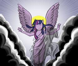 Size: 2948x2496 | Tagged: safe, artist:phillypu, imported from derpibooru, twilight sparkle, alicorn, anthro, breasts, cloth, cloud, eyes closed, featureless breasts, female, fine art parody, nimbus, solo, twilight sparkle (alicorn)