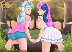 Size: 3425x2480 | Tagged: safe, artist:focusb, imported from derpibooru, bon bon, lyra heartstrings, sweetie drops, human, ass, barefoot, butt, clothes, feet, female, fetish, foot fetish, foot focus, humanized, shorts, soles, toes