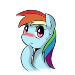 Size: 1000x1000 | Tagged: safe, artist:maren, imported from derpibooru, rainbow dash, pegasus, pony, 2013, blushing, blushing profusely, bust, doodle, drool, female, hoof on chin, mare, old art, portrait, simple background, solo, sweat, sweatdrop, white background