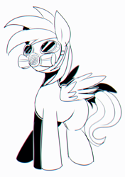 Size: 845x1200 | Tagged: safe, artist:maren, imported from derpibooru, rainbow dash, pegasus, pony, 2014, black and white, chromatic aberration, doodle, female, gas mask, grayscale, mare, mask, monochrome, old art, solo