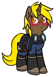 Size: 730x990 | Tagged: safe, artist:paperbagpony, imported from derpibooru, oc, oc only, oc:golden gear, pony, unicorn, blushing, boots, goggles, horn, shoes, simple background, solo, unicorn oc, white background