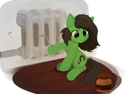 Size: 2160x1625 | Tagged: safe, artist:some_ponu, imported from derpibooru, oc, oc only, oc:anon, oc:filly anon, earth pony, pony, adorable distress, crying, cuffs, cute, female, filly, food, mareless, peanut butter, radiator, solo