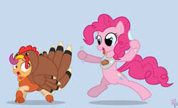 Size: 5161x3135 | Tagged: safe, artist:ponykittenboi, imported from derpibooru, pinkie pie, scootaloo, earth pony, pegasus, pony, bib, bipedal, clothes, costume, cute, cutealoo, diapinkes, fork, funny, holiday, hoof hold, hungry, implied ponies eating meat, knife, ponies wanting to eat meat, running, scootachicken, scootaturkey, silly, thanksgiving, turkey costume