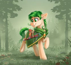 Size: 1200x1106 | Tagged: safe, artist:helmie-art, imported from derpibooru, oc, oc only, oc:lødvik, earth pony, pony, arrow, bow (weapon), cloak, clothes, flower, forest, green eyes, green mane, green tail, grin, raised hoof, smiling, solo, tail