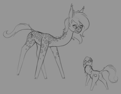 Size: 1550x1200 | Tagged: safe, artist:stray prey, imported from derpibooru, oc, oc only, oc:lacy, oc:panne, giraffe, pony, butt, eye contact, female, looking at each other, looking at someone, looking down, looking up, mare, plot, size difference, tail, tail wrap