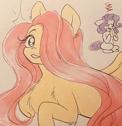 Size: 1982x2048 | Tagged: safe, artist:cherubisous, imported from derpibooru, fluttershy, rarity, pegasus, pony, unicorn, chest fluff, duo, envy, female, floppy ears, hair over one eye, handkerchief, looking at you, mare, missing cutie mark, sitting, smiling, smiling at you, solo focus, traditional art