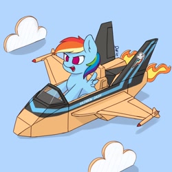 Size: 1668x1668 | Tagged: safe, artist:zeroonesunray, imported from derpibooru, rainbow dash, pegasus, pony, 20% cooler, cardboard, female, filly, filly rainbow dash, mare, missile, plane, simple background, sitting, solo, top gun, wings, younger