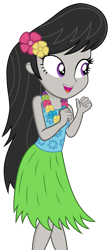 Size: 1800x4100 | Tagged: artist needed, source needed, safe, imported from derpibooru, octavia melody, human, equestria girls, clothes, clothes swap, female, flower, grass skirt, hawaiian flower in hair, high res, hula, hulaoctavia, lei, simple background, skirt, solo, transparent background