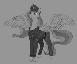 Size: 2900x2400 | Tagged: safe, artist:stray prey, imported from derpibooru, princess celestia, alicorn, pony, clothes, female, hat, mare, military uniform, peaked cap, solo, spread wings, uniform, wings