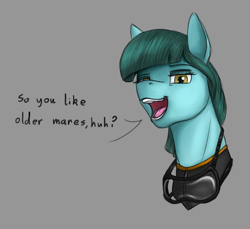 Size: 1200x1100 | Tagged: safe, artist:stray prey, imported from derpibooru, oc, oc only, oc:mako mom, earth pony, pony, female, goggles, looking at you, milf, open mouth, solo, talking to viewer