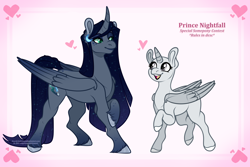 Size: 1950x1300 | Tagged: safe, artist:eve-of-halloween, imported from derpibooru, oc, oc:nightfall, alicorn, pony, hallowverse, tumblr:askmotherlyluna, alicorn oc, alternate universe, base, coat markings, commission, contest, ethereal mane, eve-of-halloween, facial markings, female, fetlock tuft, galaxy mane, green eyes, horn, male, mare, nexgen, next generation, ng, oc x oc, offspring, parent:oc:intemp, parent:princess luna, parents:canon x oc, shipping, simple background, special somepony, sspc, stallion, straight, unshorn fetlocks, wings, your character here