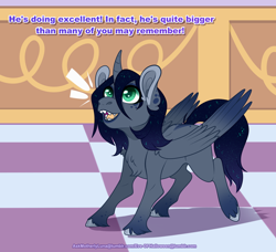 Size: 1200x1092 | Tagged: safe, artist:eve-of-halloween, imported from derpibooru, oc, oc:nightfall, alicorn, pony, hallowverse, tumblr:askmotherlyluna, alicorn oc, ask, baby, baby pony, big ears, big eyes, coat markings, colt, detailed background, excited, facial markings, foal, green eyes, horn, male, next generation, ng, offspring, parent:oc:intemp, parent:princess luna, parents:canon x oc, pony oc, raised hoof, sharp teeth, smiling, teeth, unshorn fetlocks, wings