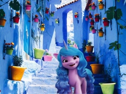 Size: 2048x1536 | Tagged: safe, edit, imported from derpibooru, vector edit, izzy moonbow, pony, unicorn, blue, chefchaouen, g5, irl, morocco, photo, ponies in real life, vector