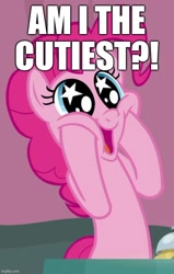 Size: 542x853 | Tagged: safe, edit, edited screencap, imported from derpibooru, screencap, pinkie pie, earth pony, pony, a trivial pursuit, caption, cute, diapinkes, drake & josh, g4, image macro, misspelling, smiling, starry eyes, text, wingding eyes