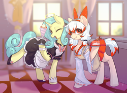 Size: 3268x2392 | Tagged: safe, artist:bai_li, imported from derpibooru, oc, oc only, oc:cunben_mapleleaf, oc:seven sister, earth pony, pony, unicorn, cake, clothes, duo, food, ice cream, maid, one eye closed, open mouth, open smile, smiling, waitress, wink