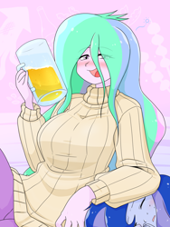 Size: 1668x2224 | Tagged: safe, artist:batipin, imported from derpibooru, princess celestia, princess luna, human, equestria girls, alcohol, beer, blushing, breasts, busty princess celestia, clothes, drunk, drunk luna, drunklestia, duo, duo female, eye clipping through hair, eyebrows, eyebrows visible through hair, eyes closed, female, go home you're drunk, open mouth, principal celestia, royal sisters, siblings, sisters, sweater, turtleneck, vice principal luna