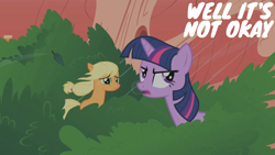 Size: 1920x1080 | Tagged: safe, edit, edited screencap, editor:quoterific, imported from derpibooru, screencap, applejack, twilight sparkle, earth pony, pony, unicorn, look before you sleep, duo, duo female, female, frown, golden oaks library, hatless, leaf, looking back, mare, missing accessory, open mouth, rain, tree, twilight sparkle is not amused, unamused, unicorn twilight, windswept mane